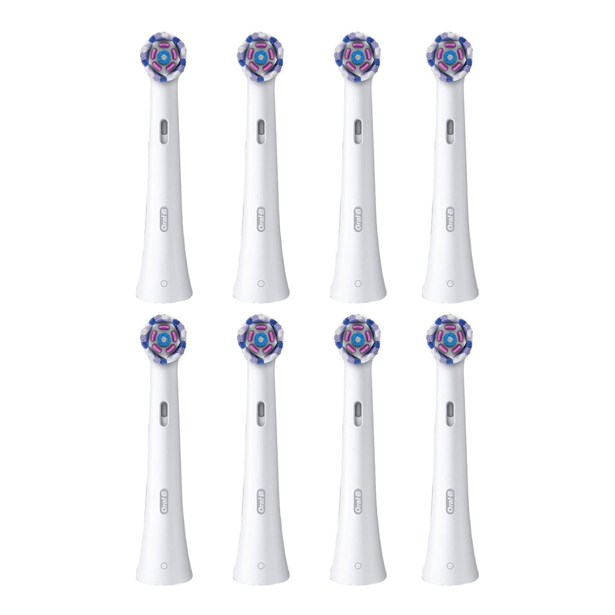 Oral-B iO Radiant White opzetborstels acht stuks naast elkaar zonder verpakking