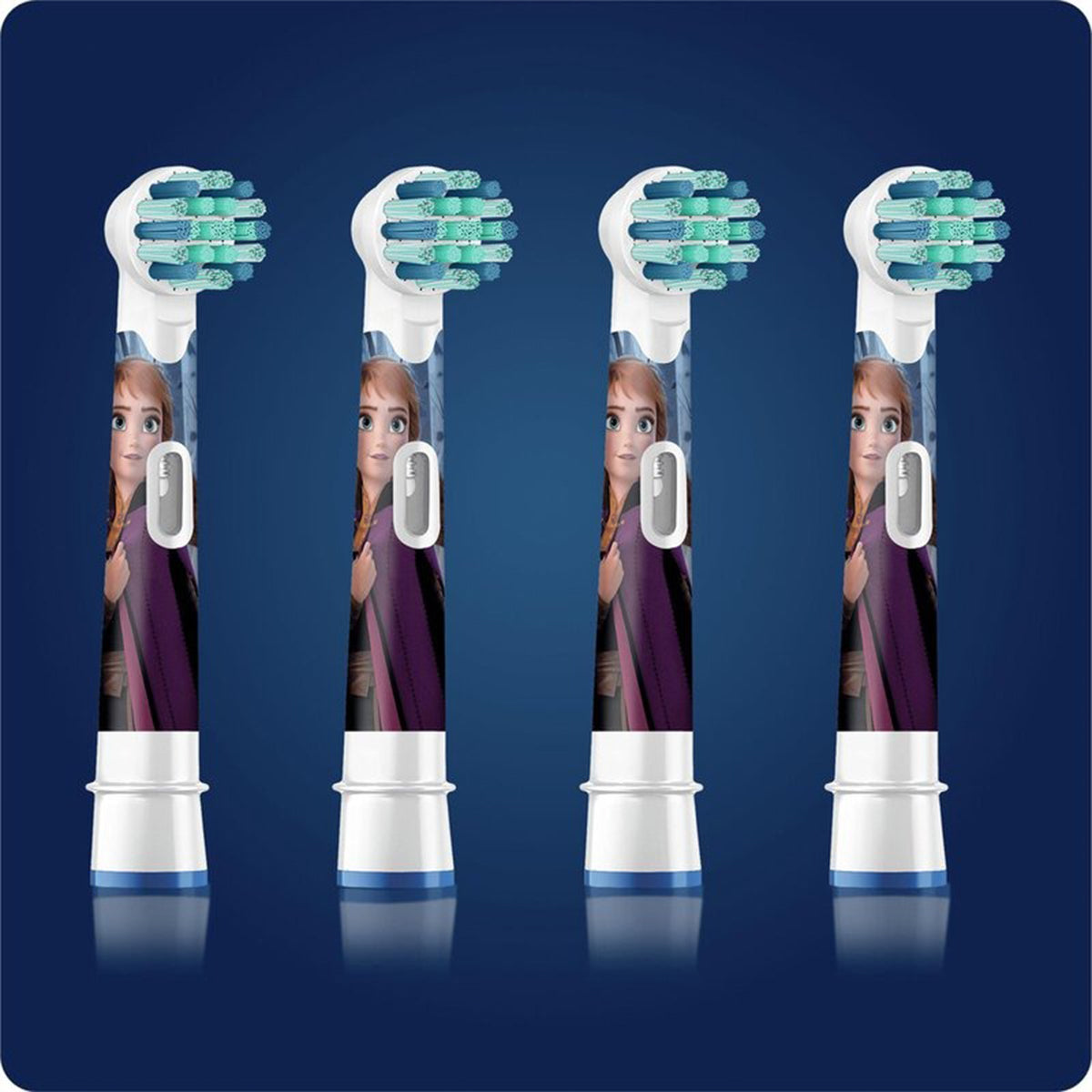 Oral-B Kids Frozen X-Soft opzetborstels, vier stuks naast elkaar met Anna-print