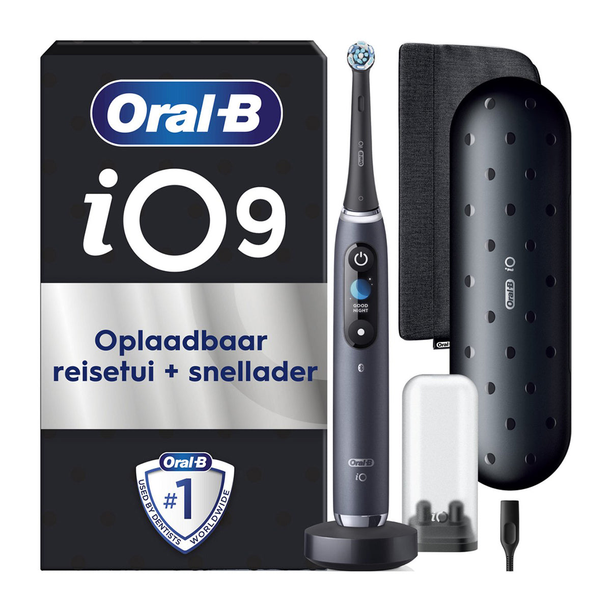 Oral-B iO 9 Black Onyx Luxe met verpakking, oplaadstandaard, reisetui en snellader
