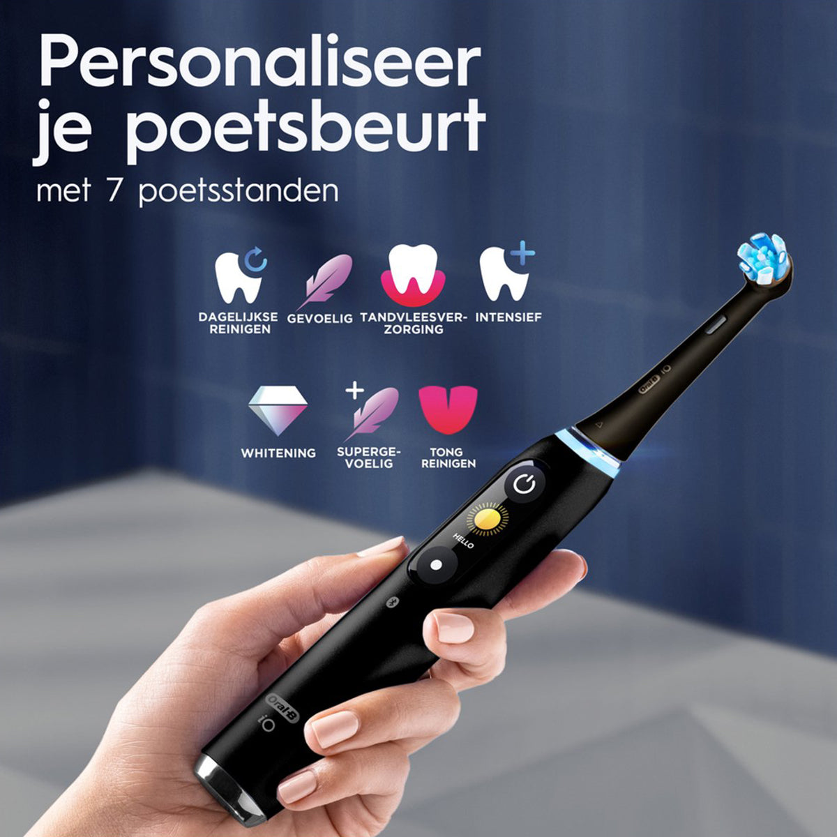 Oral-B iO 9 Black Onyx tandenborstel in hand met 7 poetsstanden icoontjes