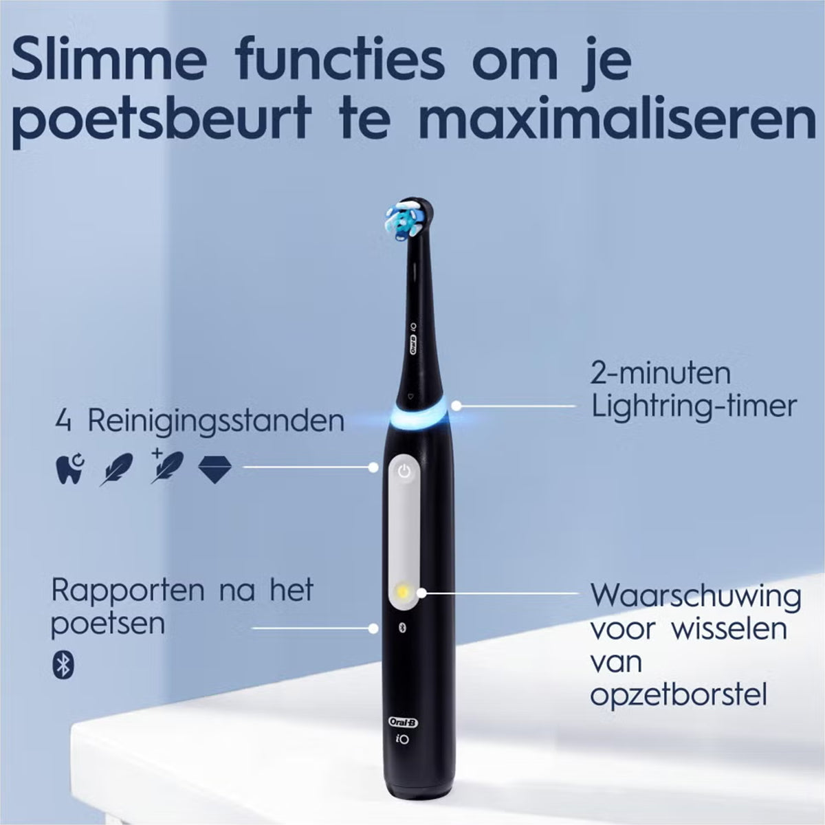 Oral-B iO 4N tandenborstel zwart met uitleg over slimme functies en timer