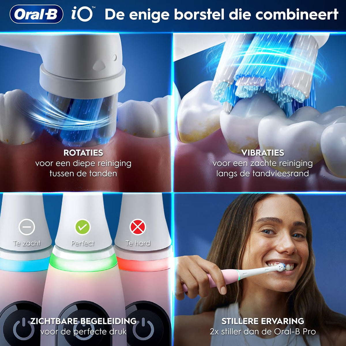 Oral-B iO 6S vier kenmerken: rotaties, vibraties, drukbegeleiding en stillere ervaring