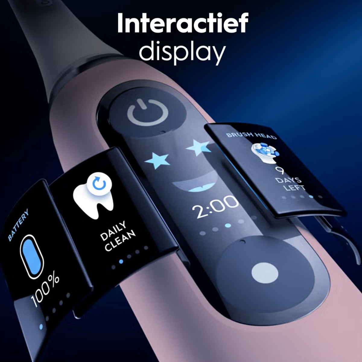 Oral-B iO 6S display met batterij, opzetborstel en poetstijd 2:00 detail
