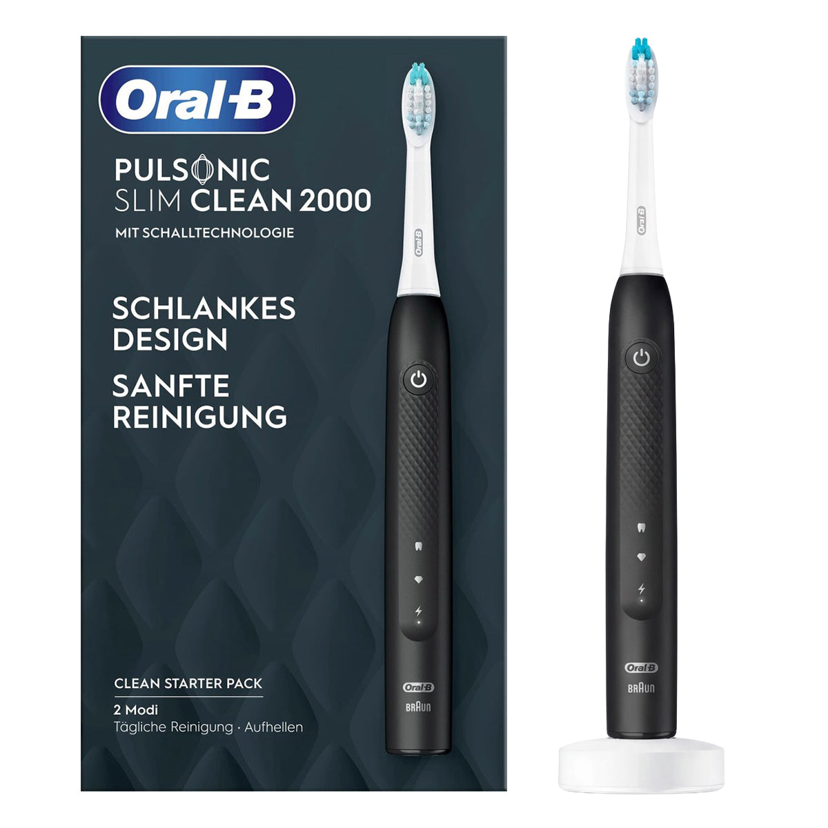 Oral-B Pulsonic Slim Clean 2000 zwart met verpakking en oplaadstandaard