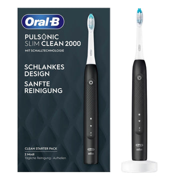 Oral-B Pulsonic Slim Clean 2000 zwart met verpakking en oplaadstandaard