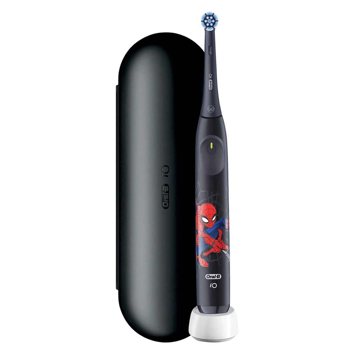 Oral-B iO Kids 6+ Spiderman elektrische tandenborstel naast zwart reisetui