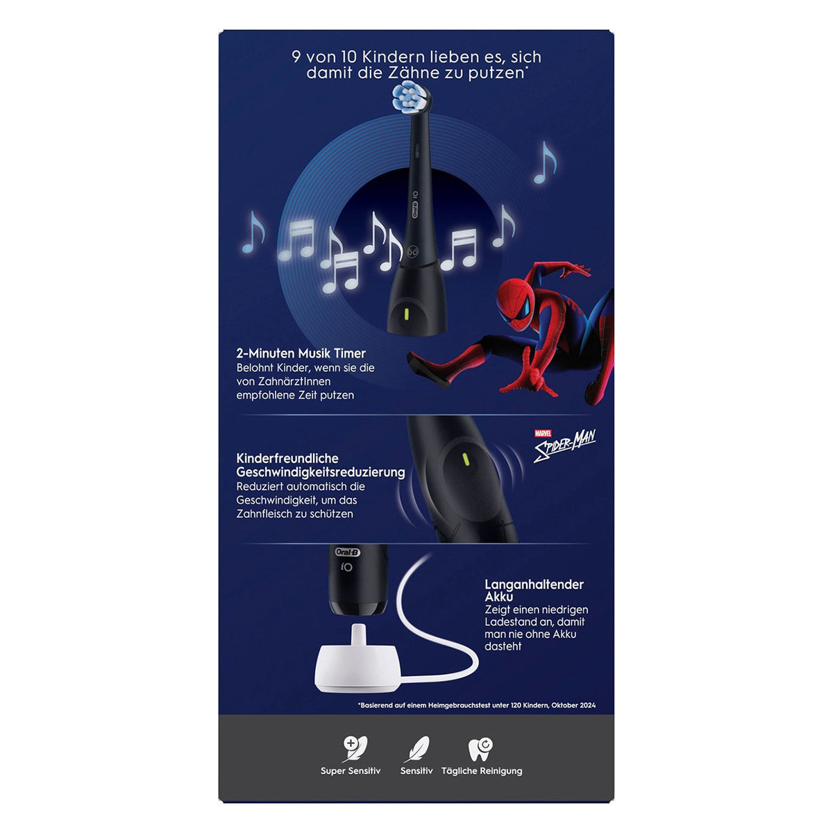 Oral-B iO Kids Spiderman infographic met muziek timer en oplaadstation