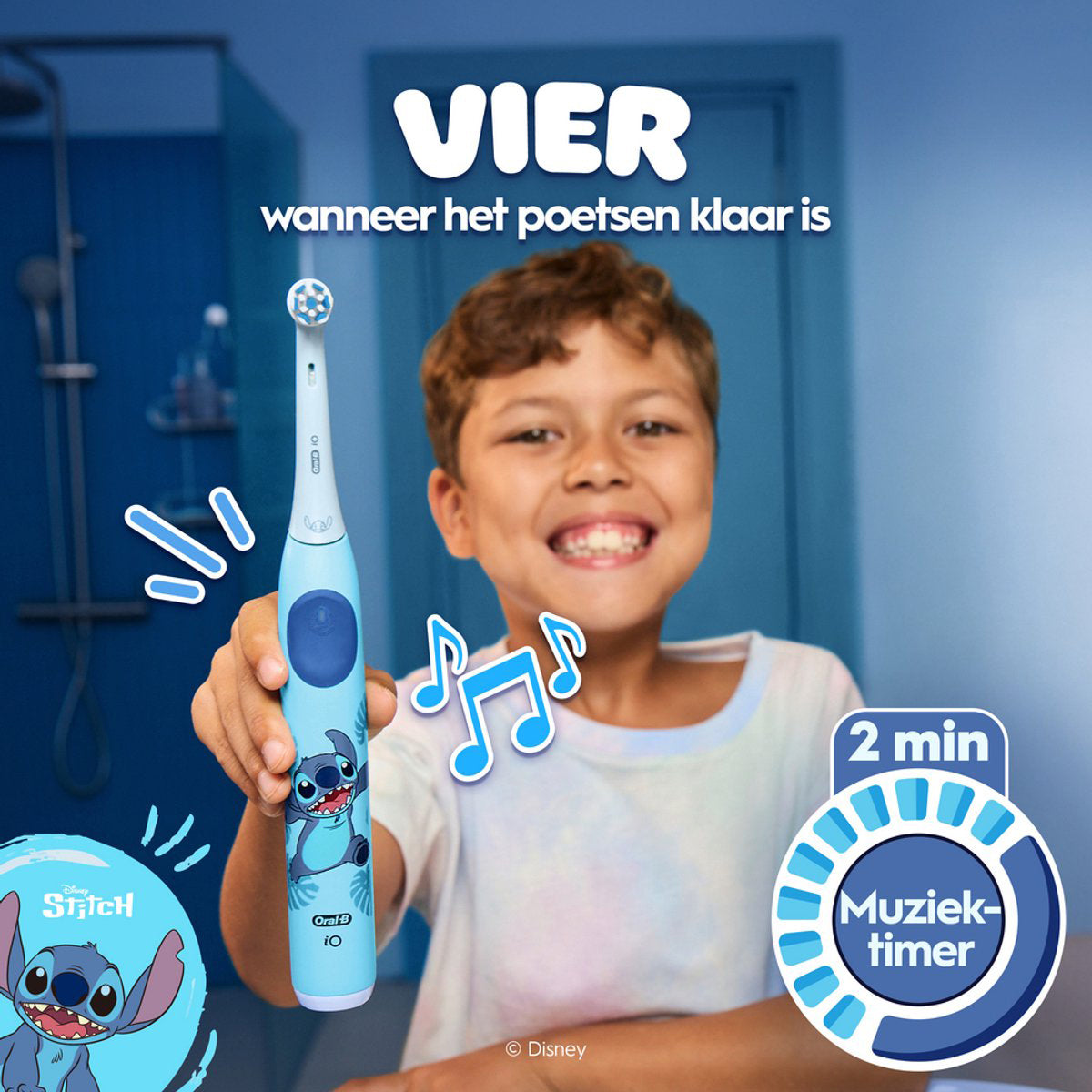 Oral-B iO Kids 6+ Disney Stitch, jongen poetst tanden met muziektimer van 2 minuten