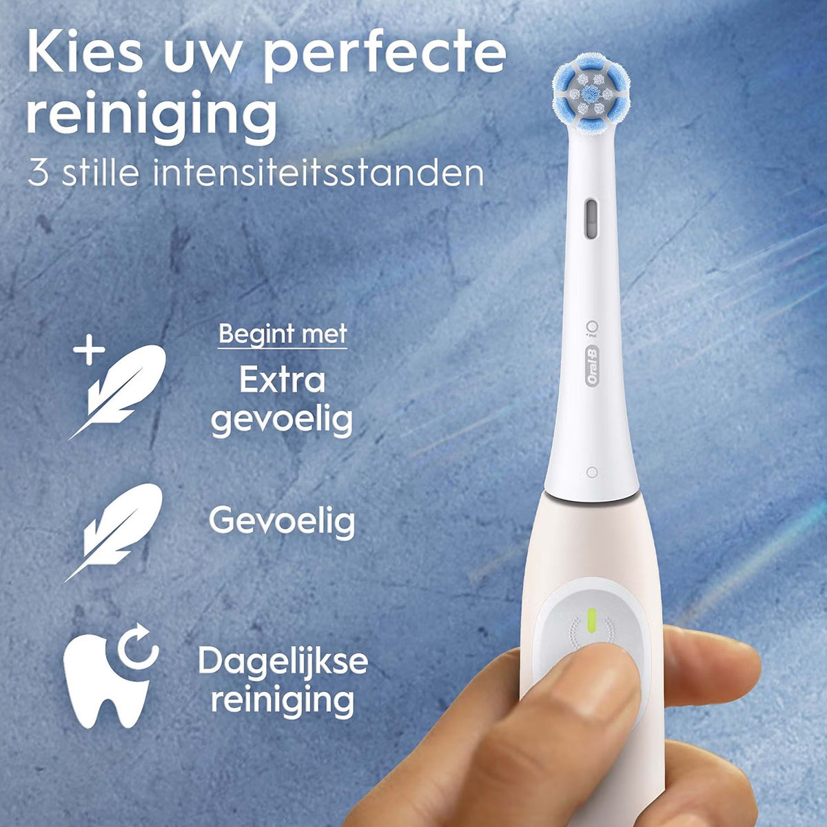Oral-B iO 2 Calm Pink met opzetborstel en drie intensiteitsstanden uitgelegd