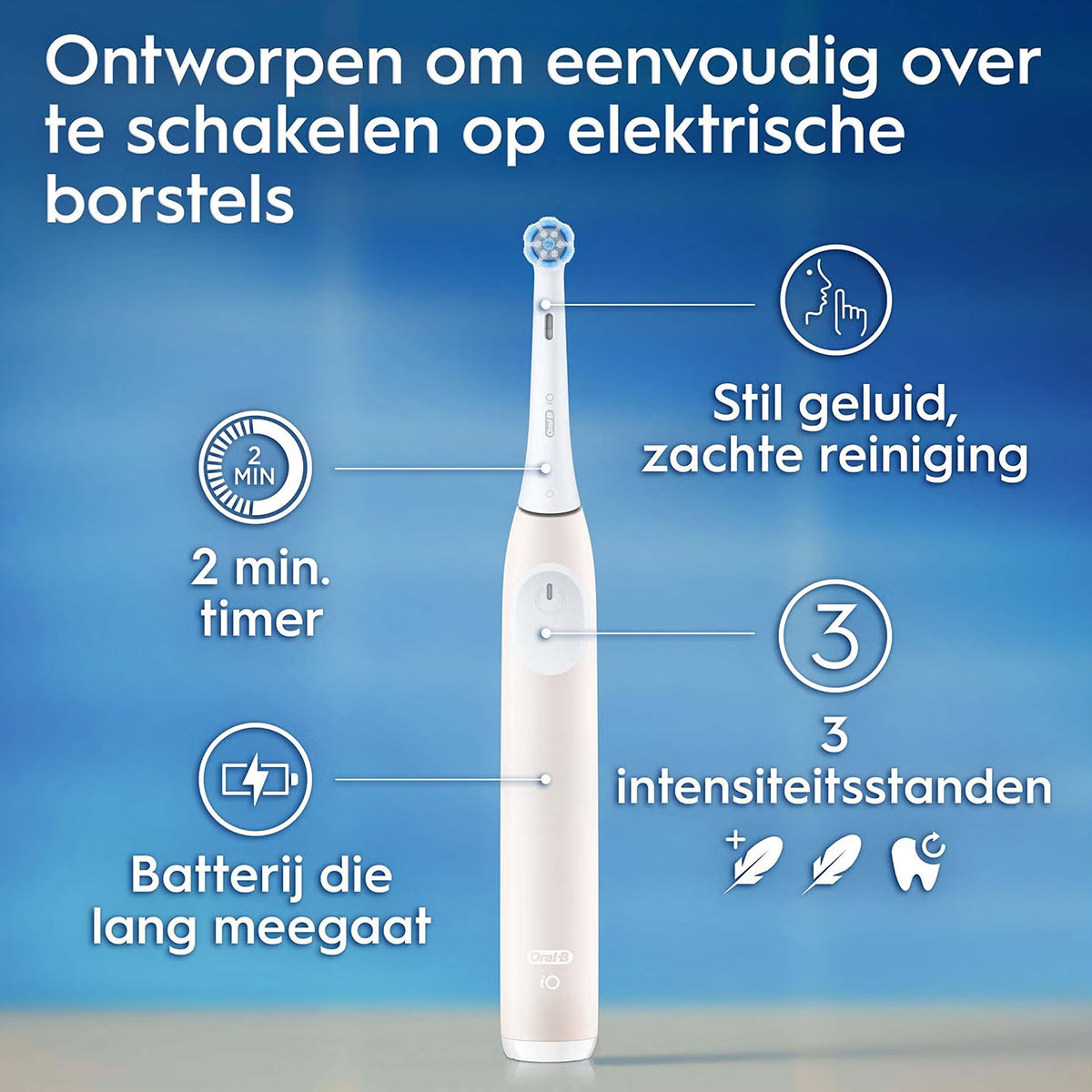 Oral-B iO 2 Calm Pink met iconen voor timer, batterijduur en intensiteitsstanden