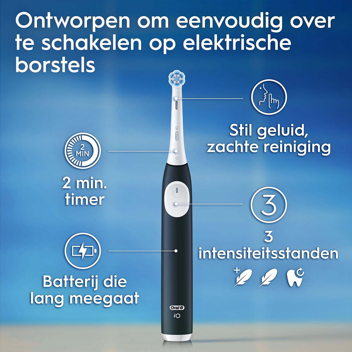 Oral-B iO 2 functies met timer, geluid, batterijduur en intensiteitsstanden uitgelicht