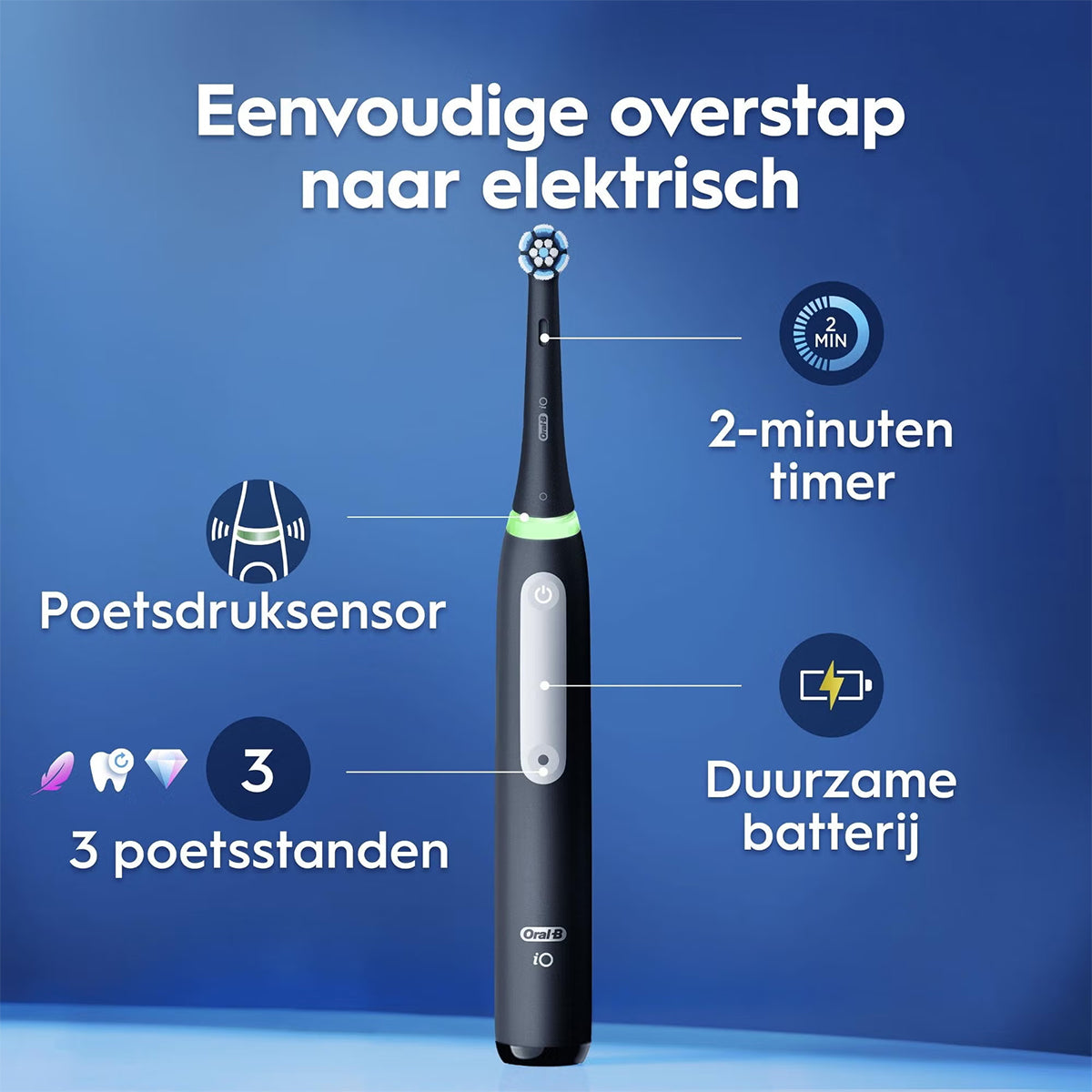 Oral-B iO 3 zwarte tandenborstel met timer, druksensor en poetsstanden uitgelegd