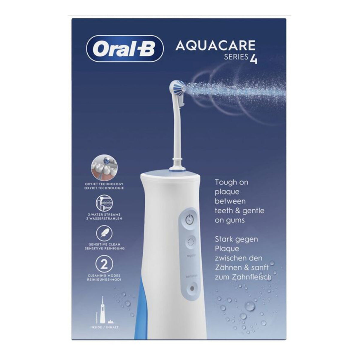 Oral-B AquaCare 4 monddouche verpakking met productfoto en functie-iconen