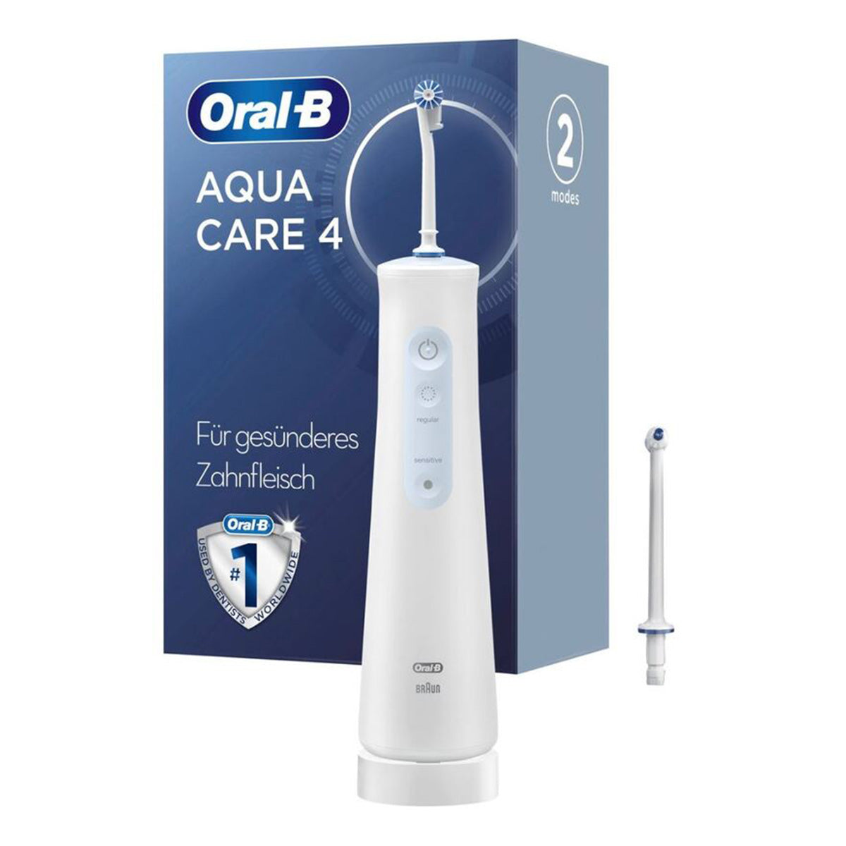 Oral-B AquaCare 4 monddouche met verpakking en losse opzetmondstuk ernaast