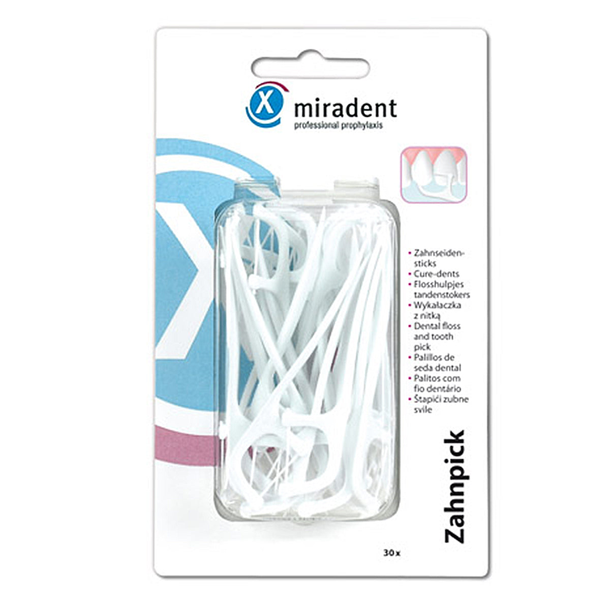 Miradent Zahnpick flosdraad verpakking met 30 witte flosstokjes
