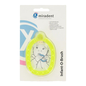 Miradent Infant-o-brush bijtring geel peutertandenborstel in verpakking