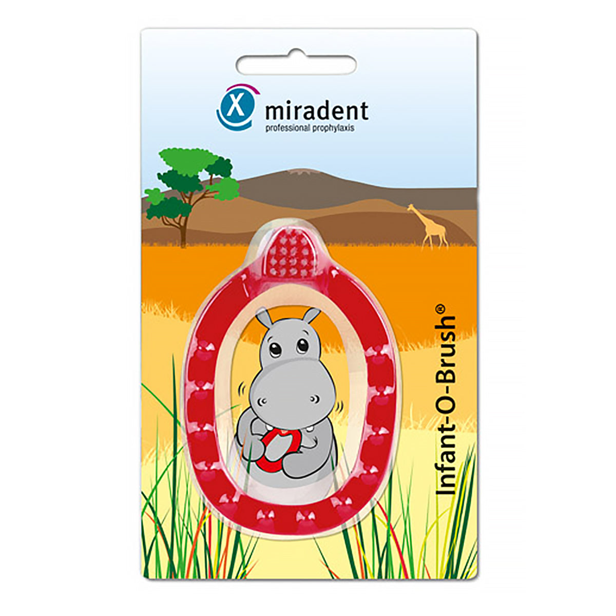 Miradent Infant-o-brush bijtring rood in verpakking met nijlpaard illustratie