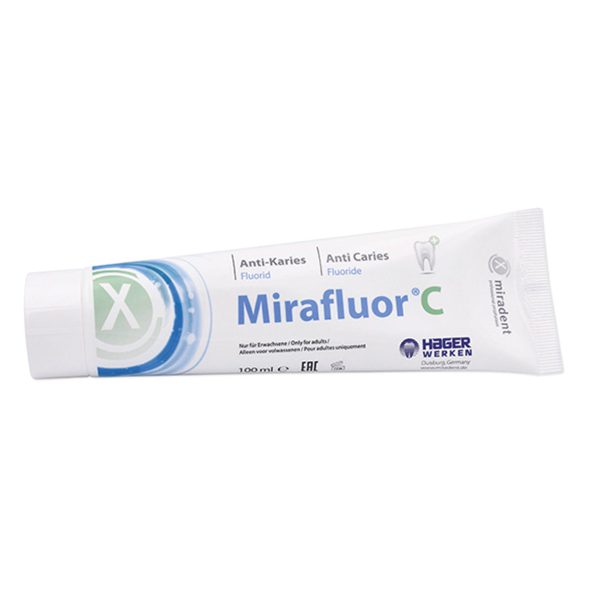 Miradent Mirafluor C tandpasta tube, 100 ml, anti-caries fluoride opschrift zichtbaar