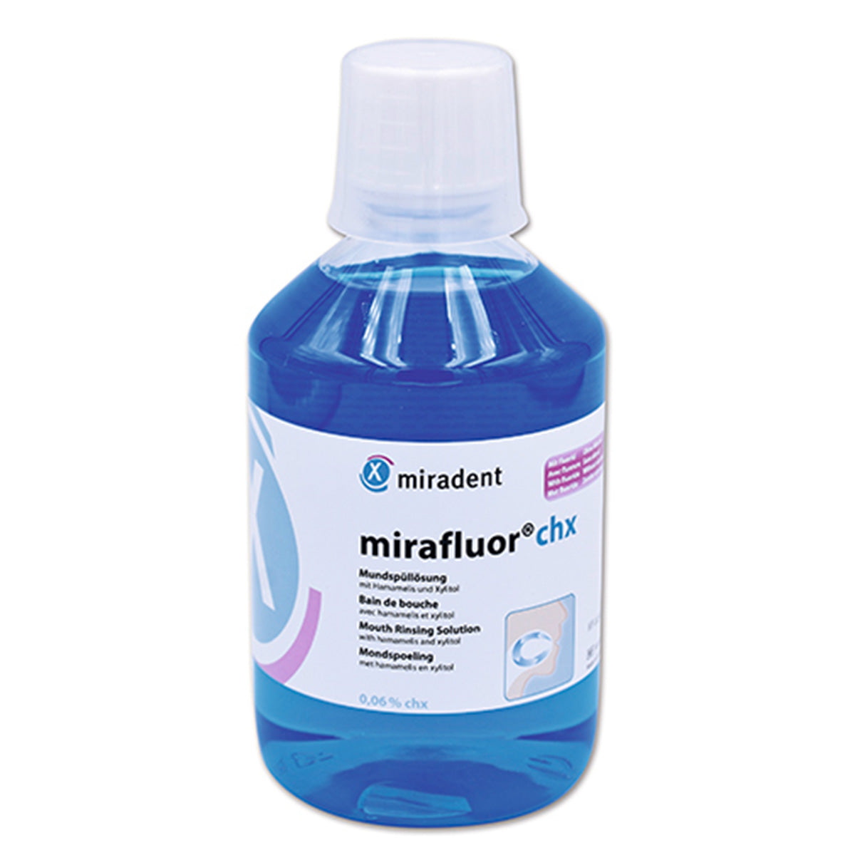 Miradent Mirafluor chx 0.06% mondspoeling fles met blauwe vloeistof en doseerdop