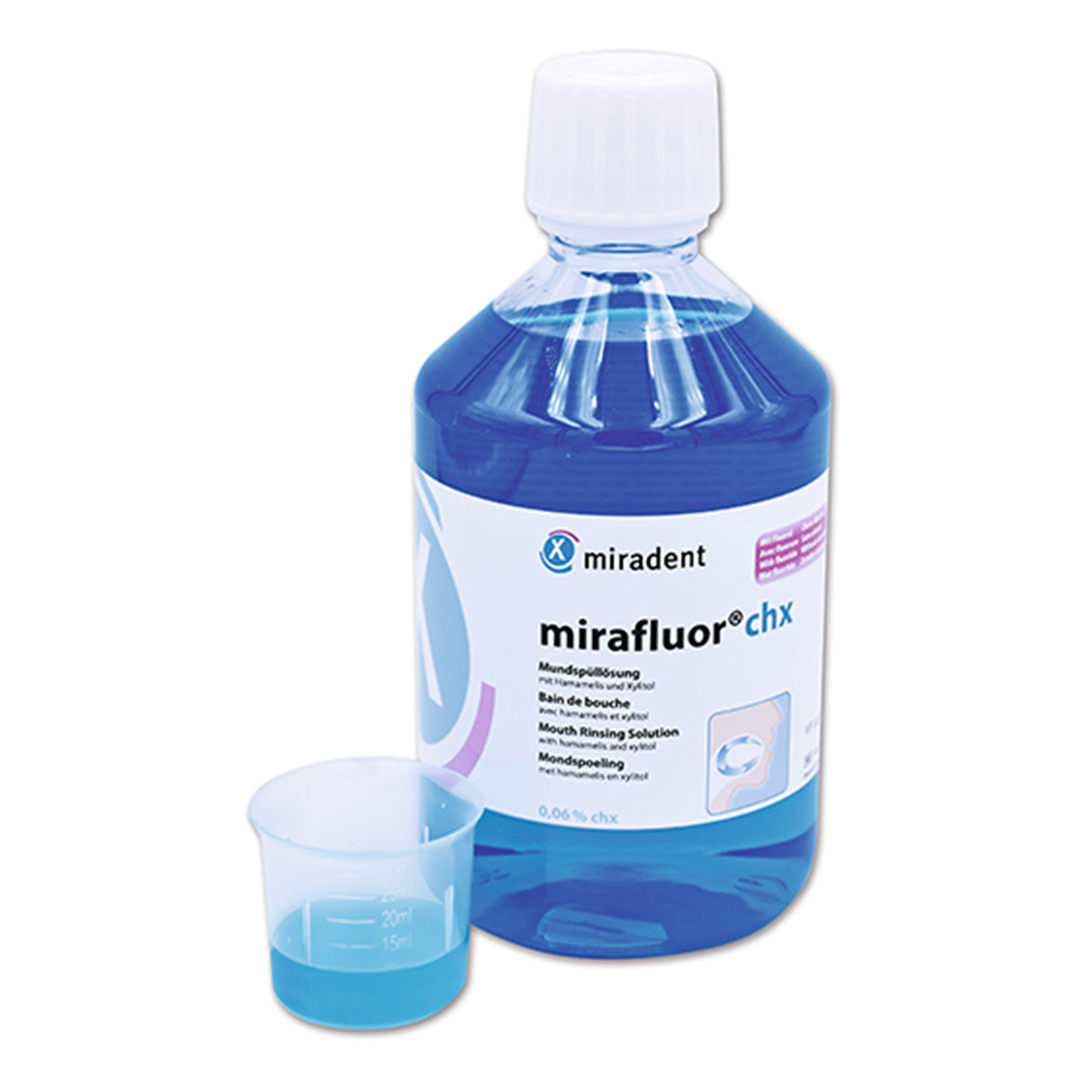 Miradent Mirafluor chx 0,06% mondspoeling met maatbekertje ervoor