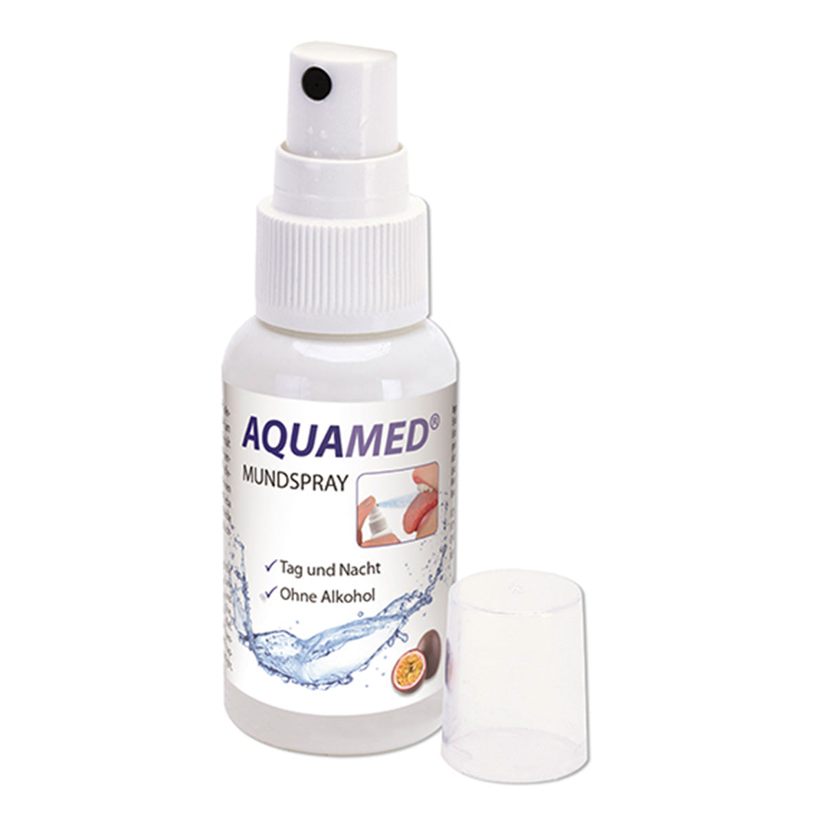 Miradent Aquamed Mondspray passievrucht flacon met dop ernaast
