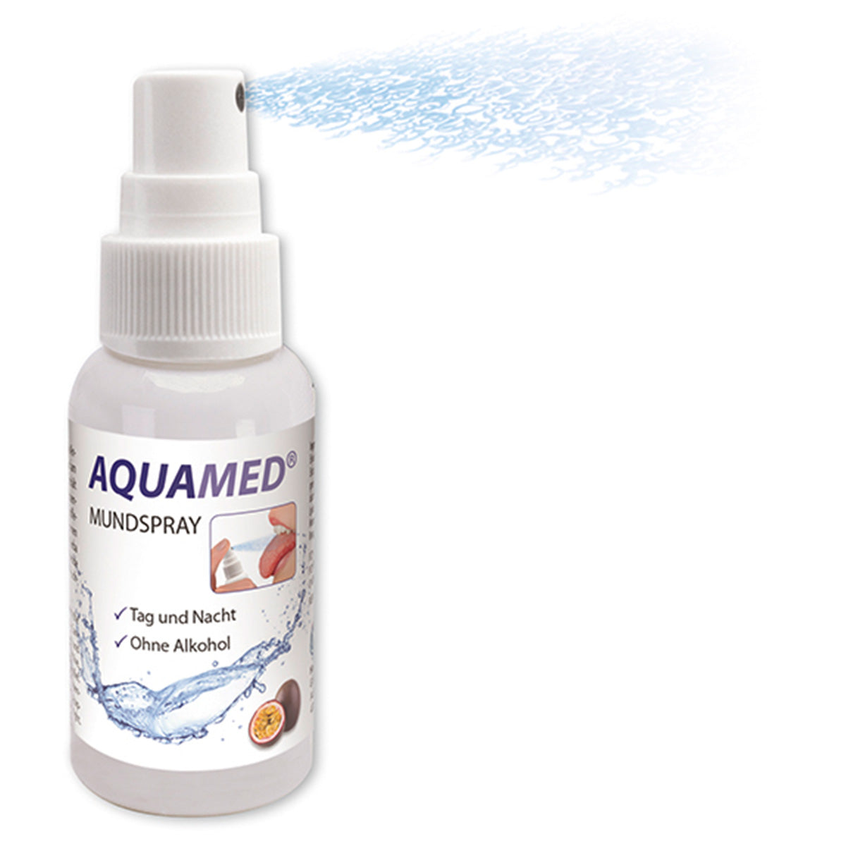 Miradent Aquamed Droge Mond Spray passievrucht met zichtbare sproeistraal uit flacon