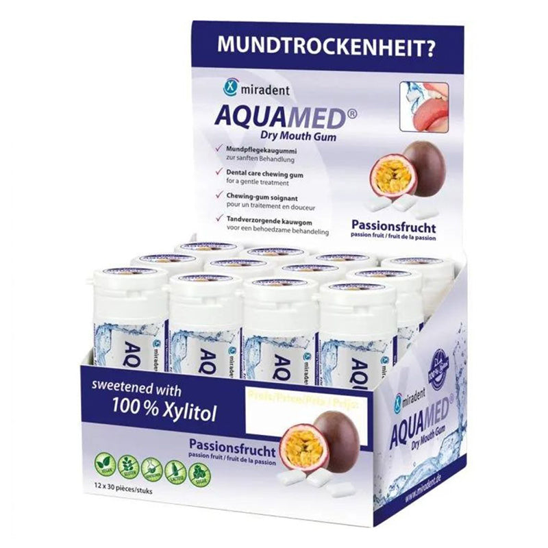 Miradent Aquamed kauwgom Passion Fruit displaydoos met 12 kokertjes