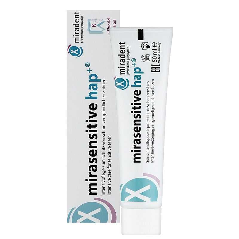 Miradent Mirasensitive hap+ tandpasta 50 ml tube met verpakkingsdoos