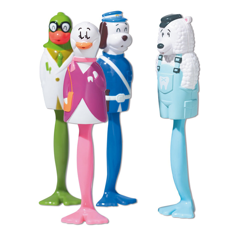 Miradent Kid's tandenborstel eend roze tussen andere diervormige kindertandenborstels