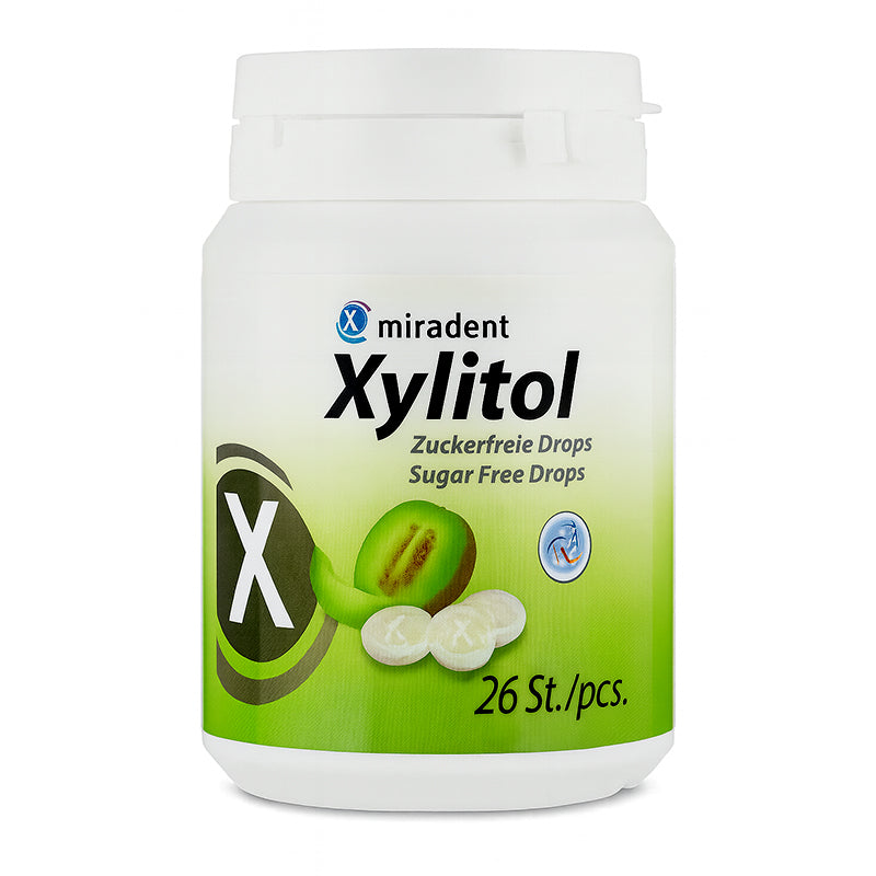 Miradent Xylitol Drops suikervrij meloen witte pot met kiwi-afbeelding 26 stuks