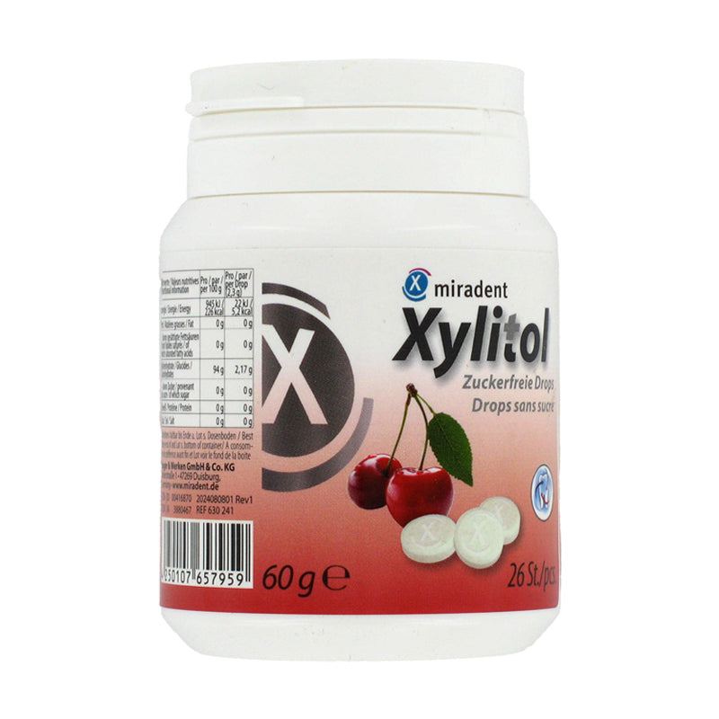Miradent Xylitol Drops suikervrij kersen pot 60 gram met kersenafbeelding