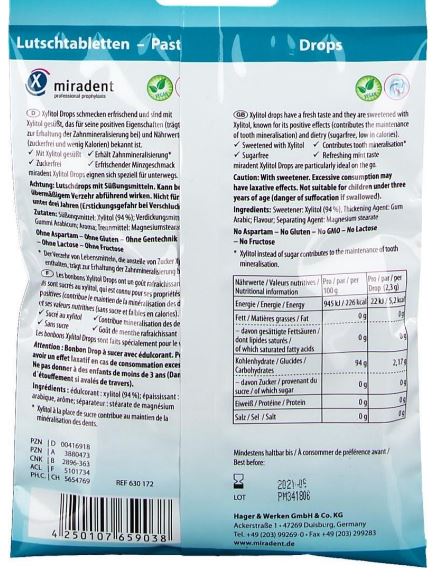 Miradent Xylitol Drops suikervrij munt achterkant met ingrediënten en voedingswaarden