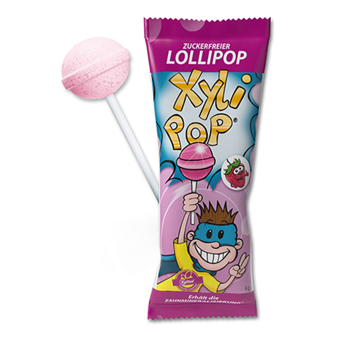 Miradent XyliPOP suikervrije lolly aardbei naast verpakking met stripfiguur