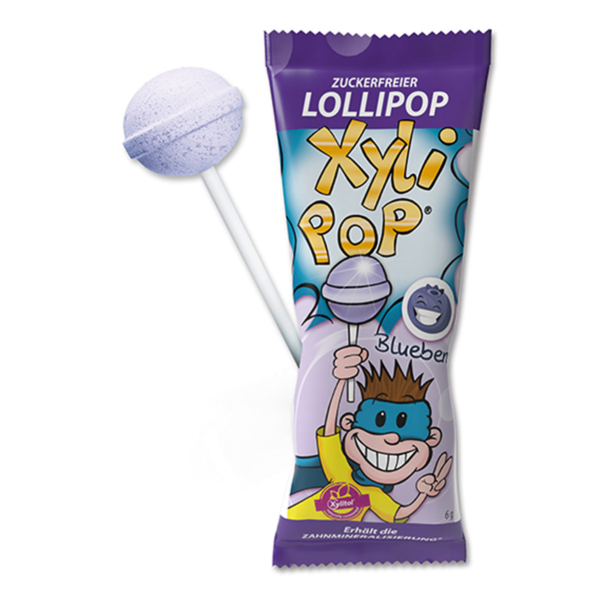 Miradent XyliPOP suikervrije lolly bosbes met paarse verpakking en lolly ernaast