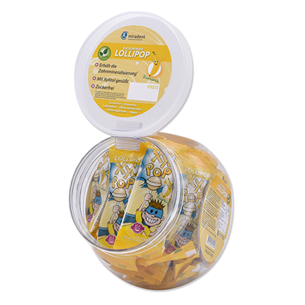 Miradent XyliPOP suikervrije lollies banaan in open bonbonniere met losse lolly's