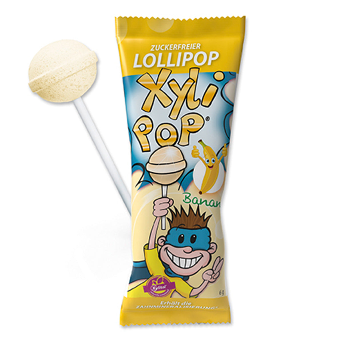 Miradent XyliPOP suikervrije lolly banaan met verpakking en witte lolly