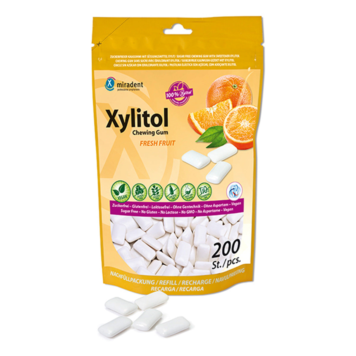 Miradent Xylitol kauwgom economy zak Fruit navulverpakking met 200 stuks kauwgom