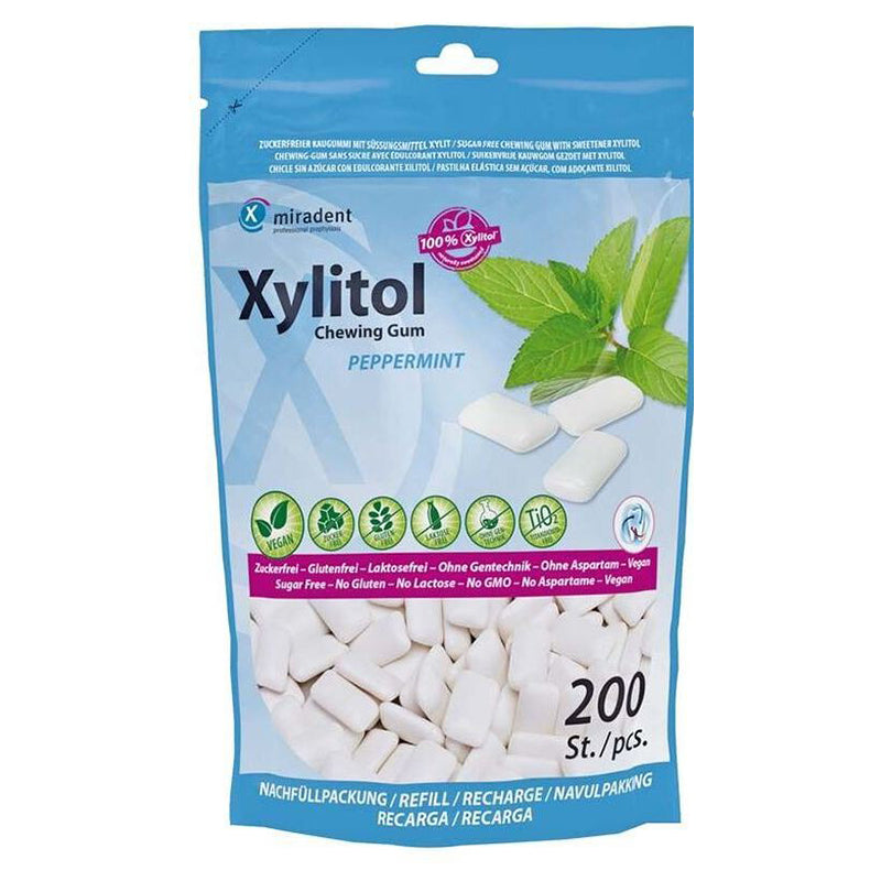 Miradent Xylitol kauwgom Pepermunt navulzak met 200 stuks kauwgom
