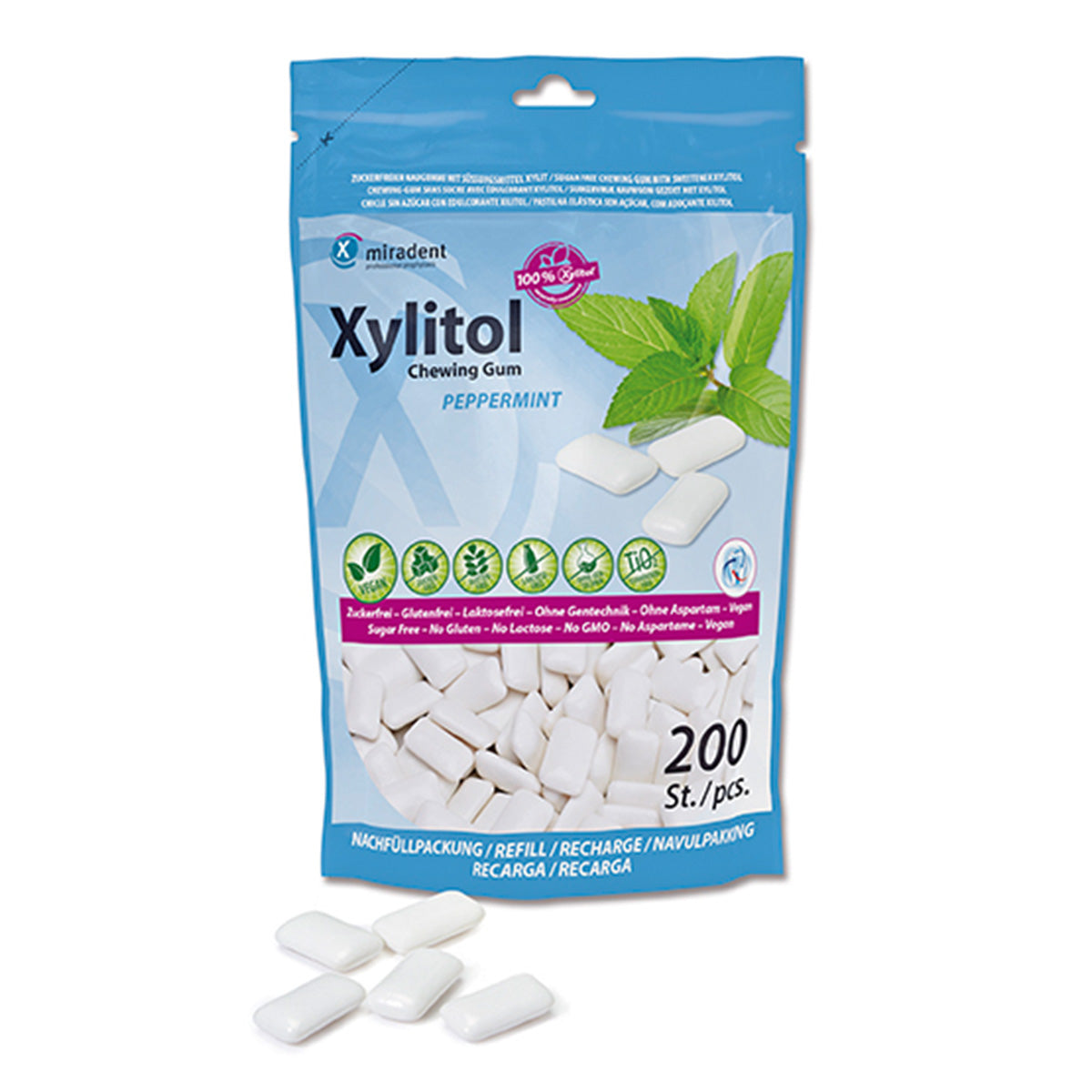 Miradent Xylitol kauwgom Pepermunt, losse witte kauwgomstukjes voor de verpakking