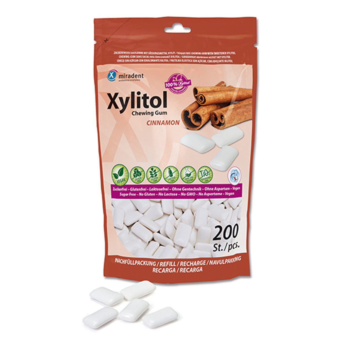 Miradent Xylitol kauwgom economy zak Kaneel navulverpakking met losse kauwgomstukjes
