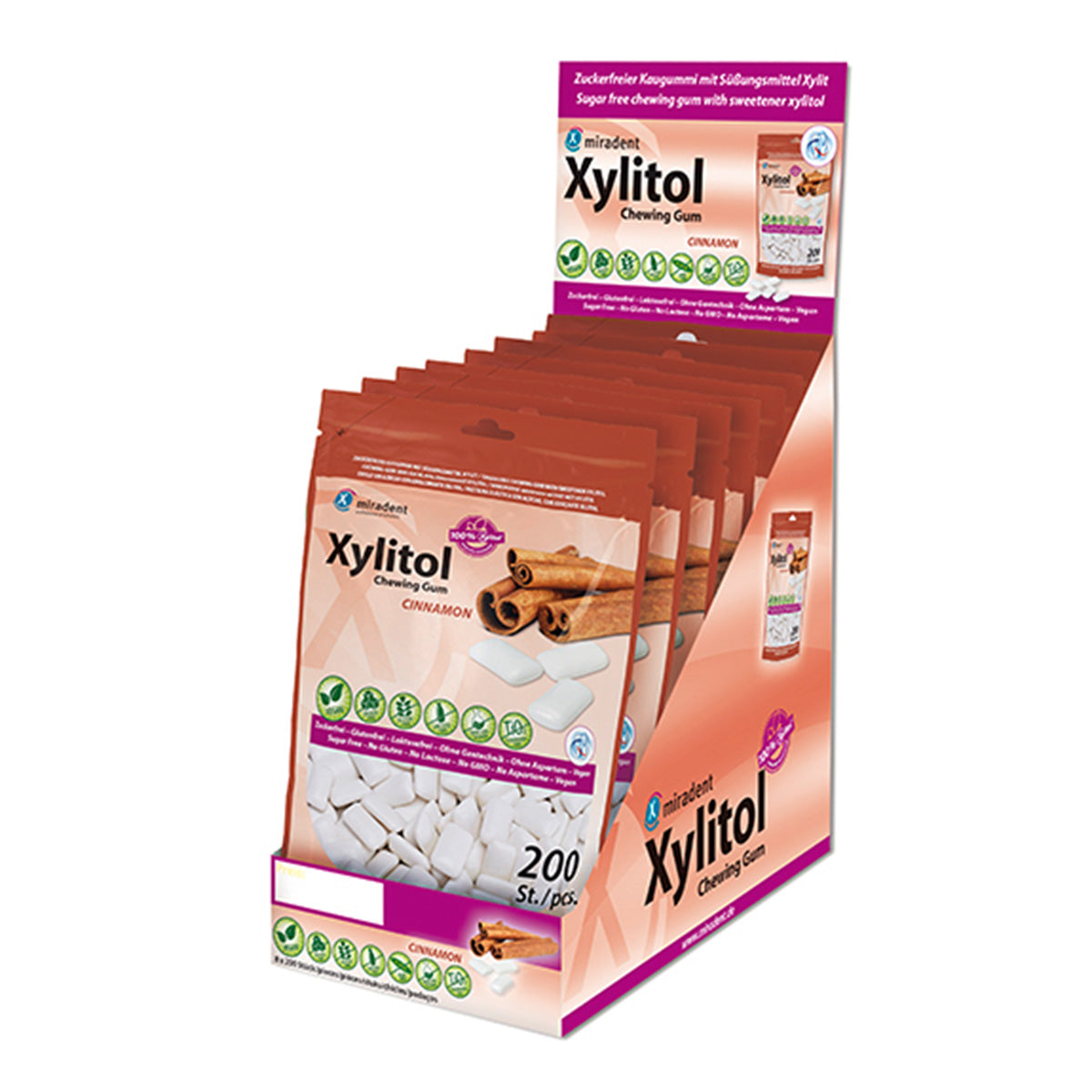 Miradent Xylitol kauwgom economy zak Kaneel, display met meerdere verpakkingen en 200 stuks per zak