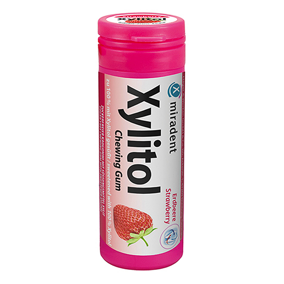 Miradent Xylitol Chewing Gum roze busje met aardbeiafbeelding