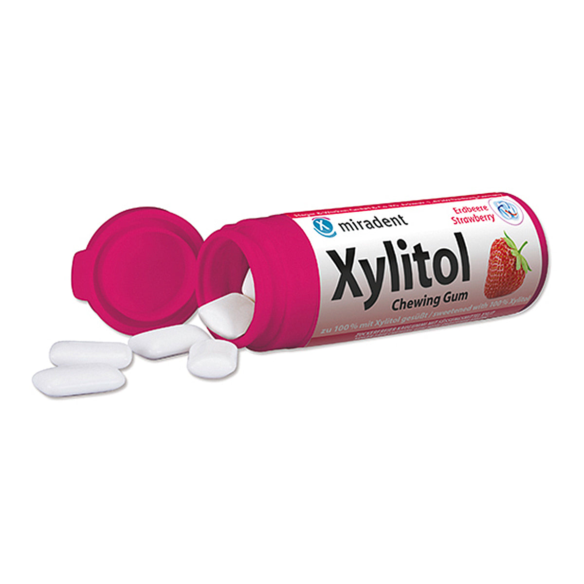 Miradent Xylitol kauwgom aardbei roze kokertje open met kauwgomstukjes ernaast