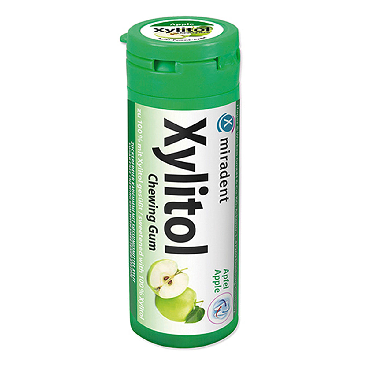 Miradent Xylitol kauwgom appel groen busje met appelafbeelding op etiket