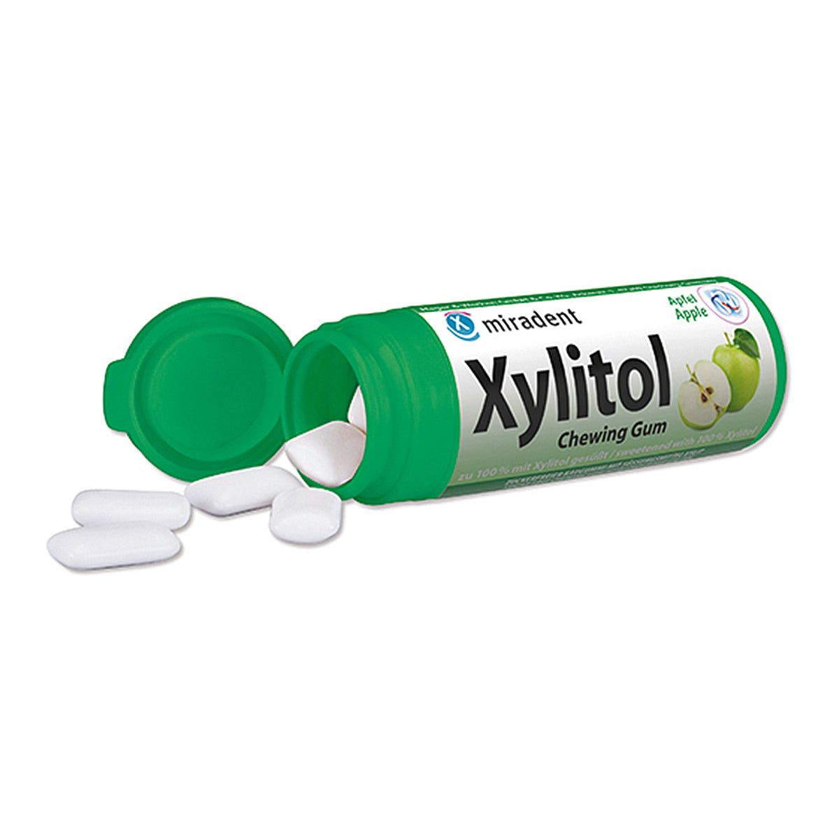 Miradent Xylitol kauwgom appel geopend busje met uitgevallen witte kauwgomstukjes