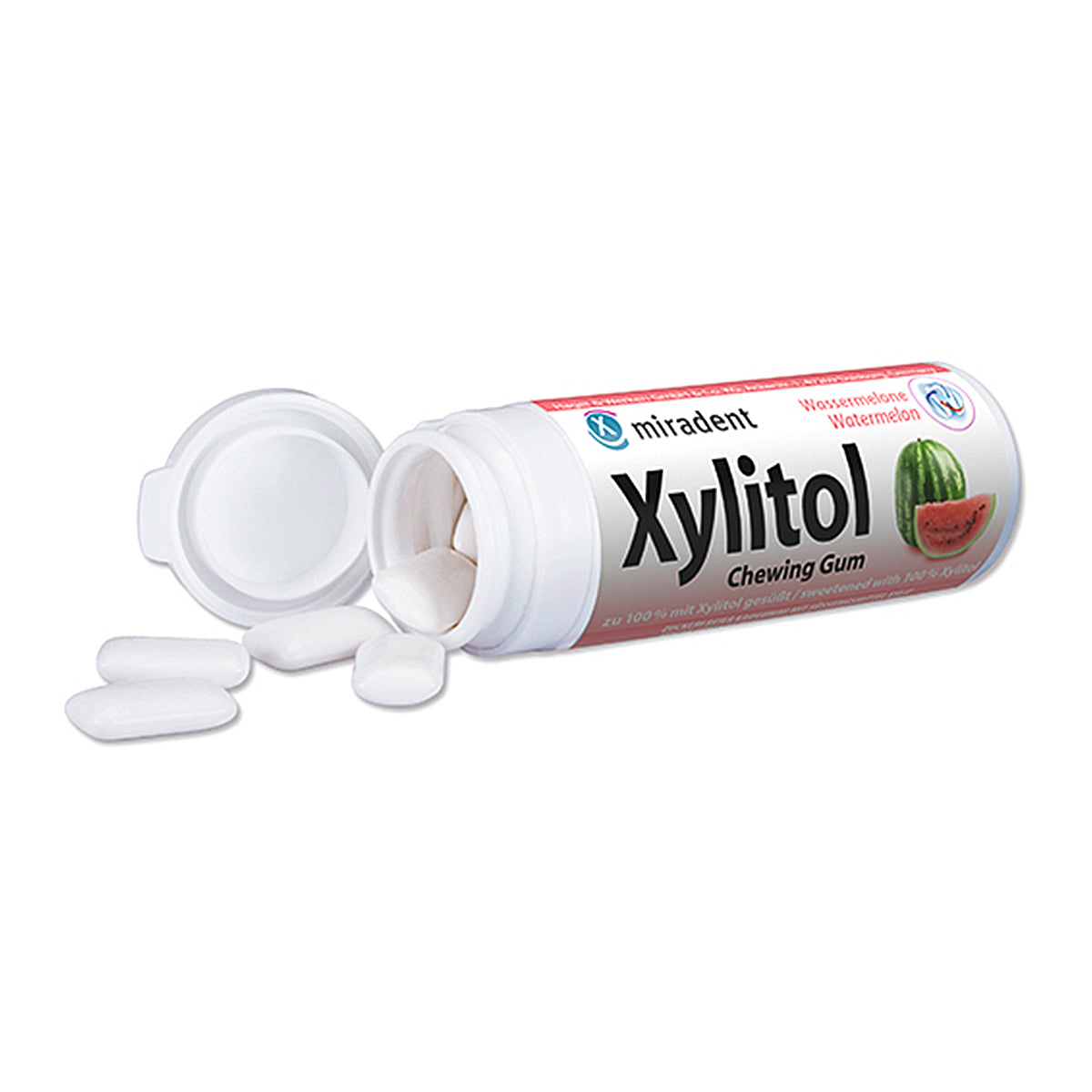 Miradent Xylitol Chewing Gum watermeloen kokertje open met kauwgom ernaast
