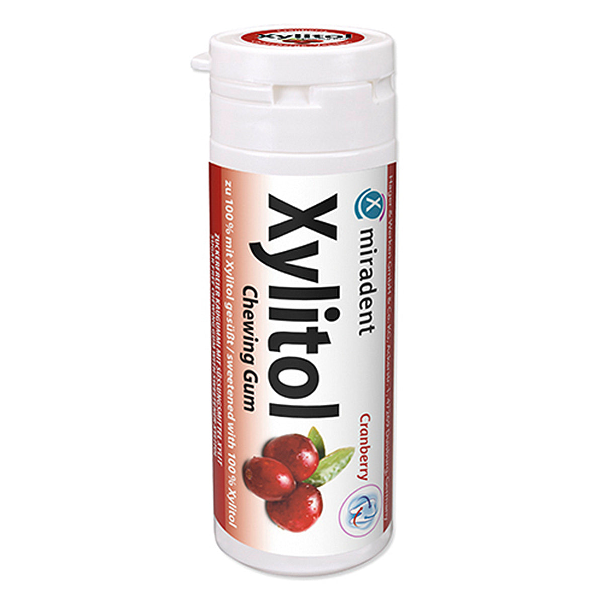 Miradent Xylitol kauwgom cranberry witte koker met cranberry-afbeelding