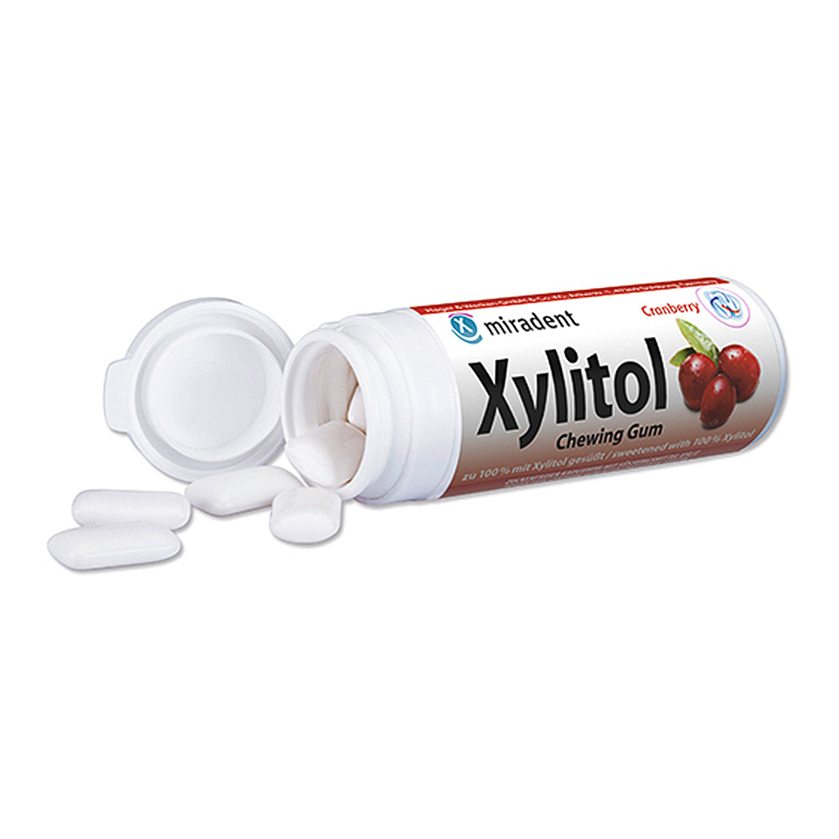 Miradent Xylitol kauwgom cranberry open busje met losse kauwgom stukjes