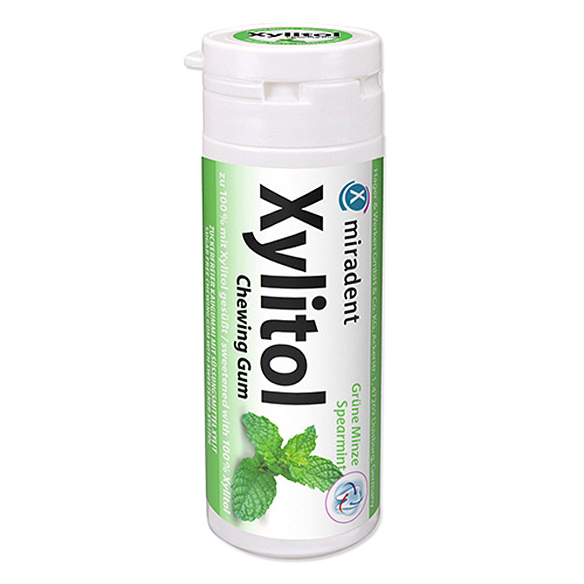 Miradent Xylitol Chewing Gum spearmint kauwgom busje met groene minze afbeelding