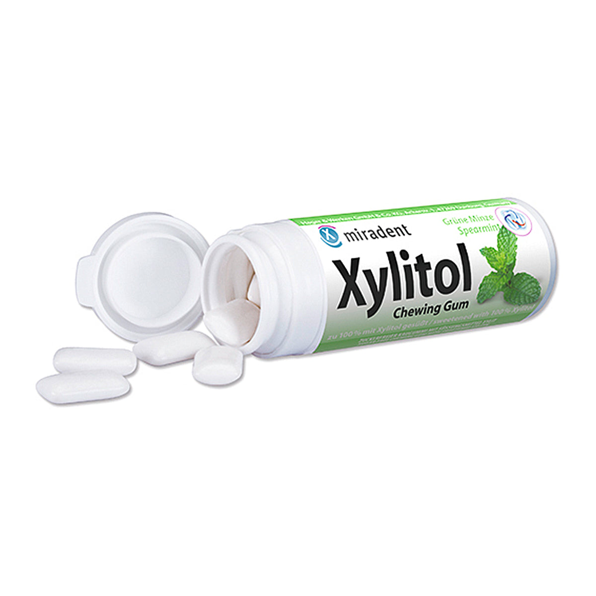 Miradent Xylitol kauwgom spearmint geopend busje met kauwgomtabletten ernaast